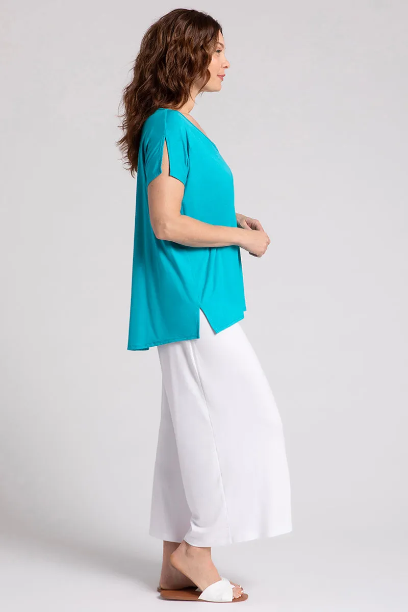 Bamboo V-Neck Slit Sleeve Top | Turquoise