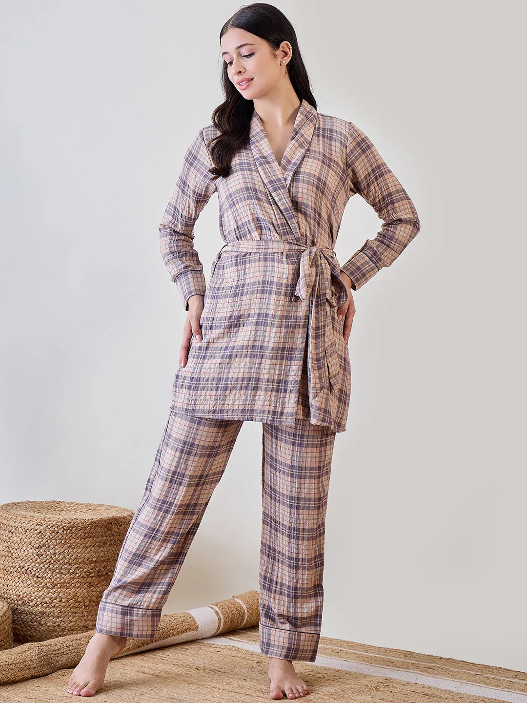 Beige and Grey Checkered Viscose Gownset with Pyjama