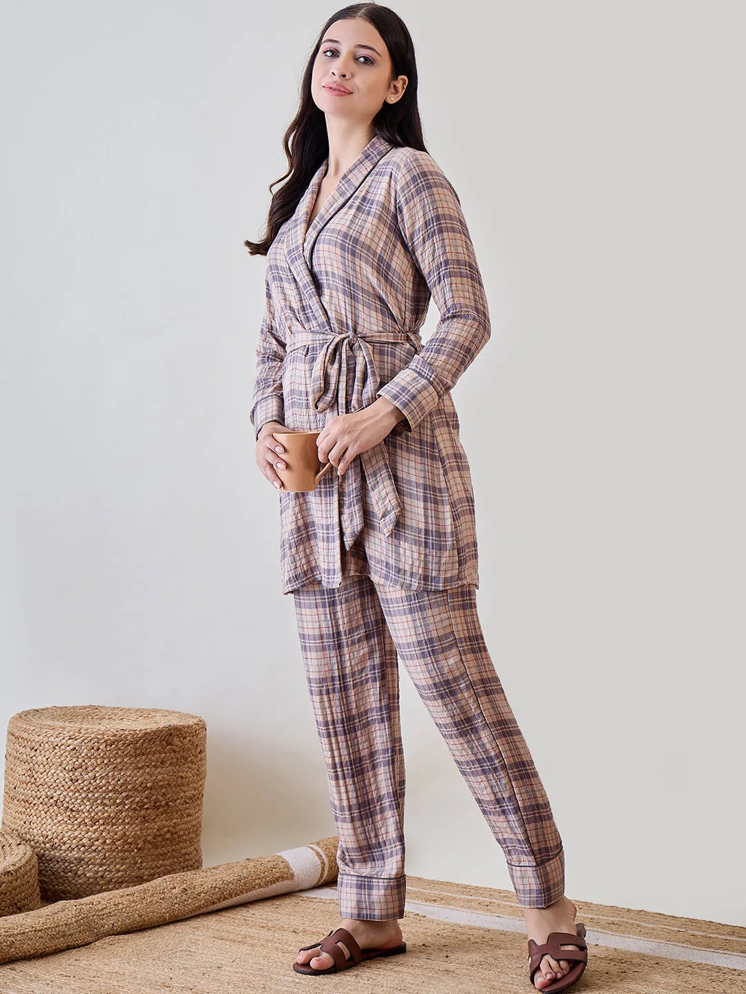 Beige and Grey Checkered Viscose Gownset with Pyjama