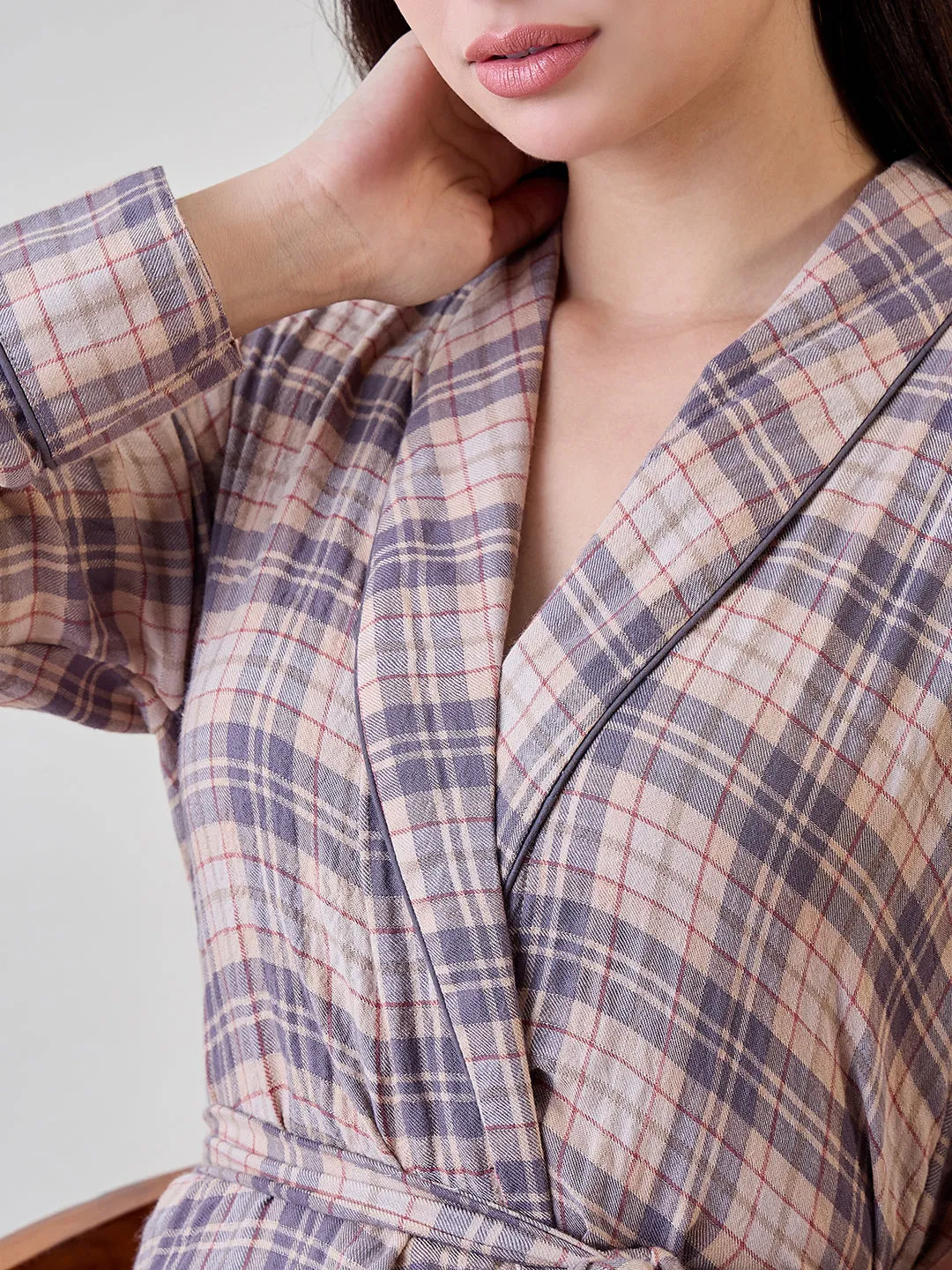 Beige and Grey Checkered Viscose Gownset with Pyjama