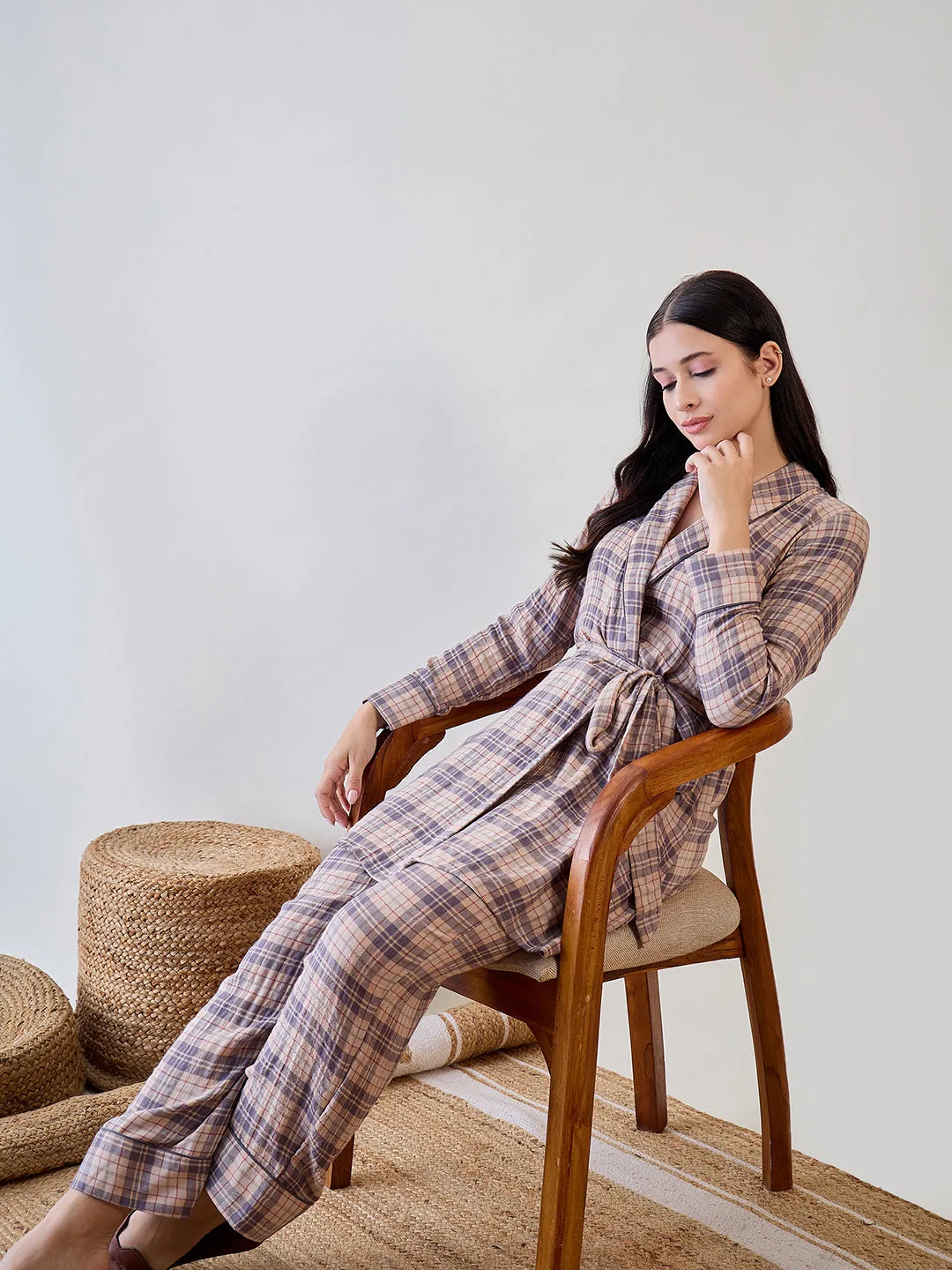 Beige and Grey Checkered Viscose Gownset with Pyjama