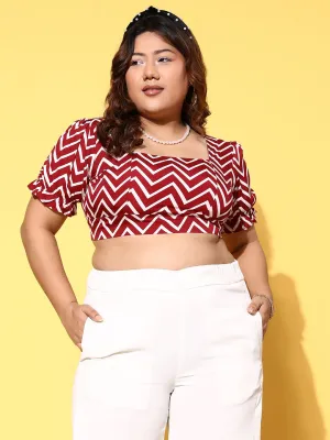 Berrylush Women Plus Size Maroon & White Chevron Pattern Square Neck Crepe Tie-Up Backless Blouson Cropped Top