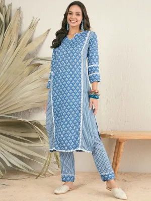 Blue & White Ethnic Motifs Printed Gotta Patti Regular Straight Kurta With Trousers