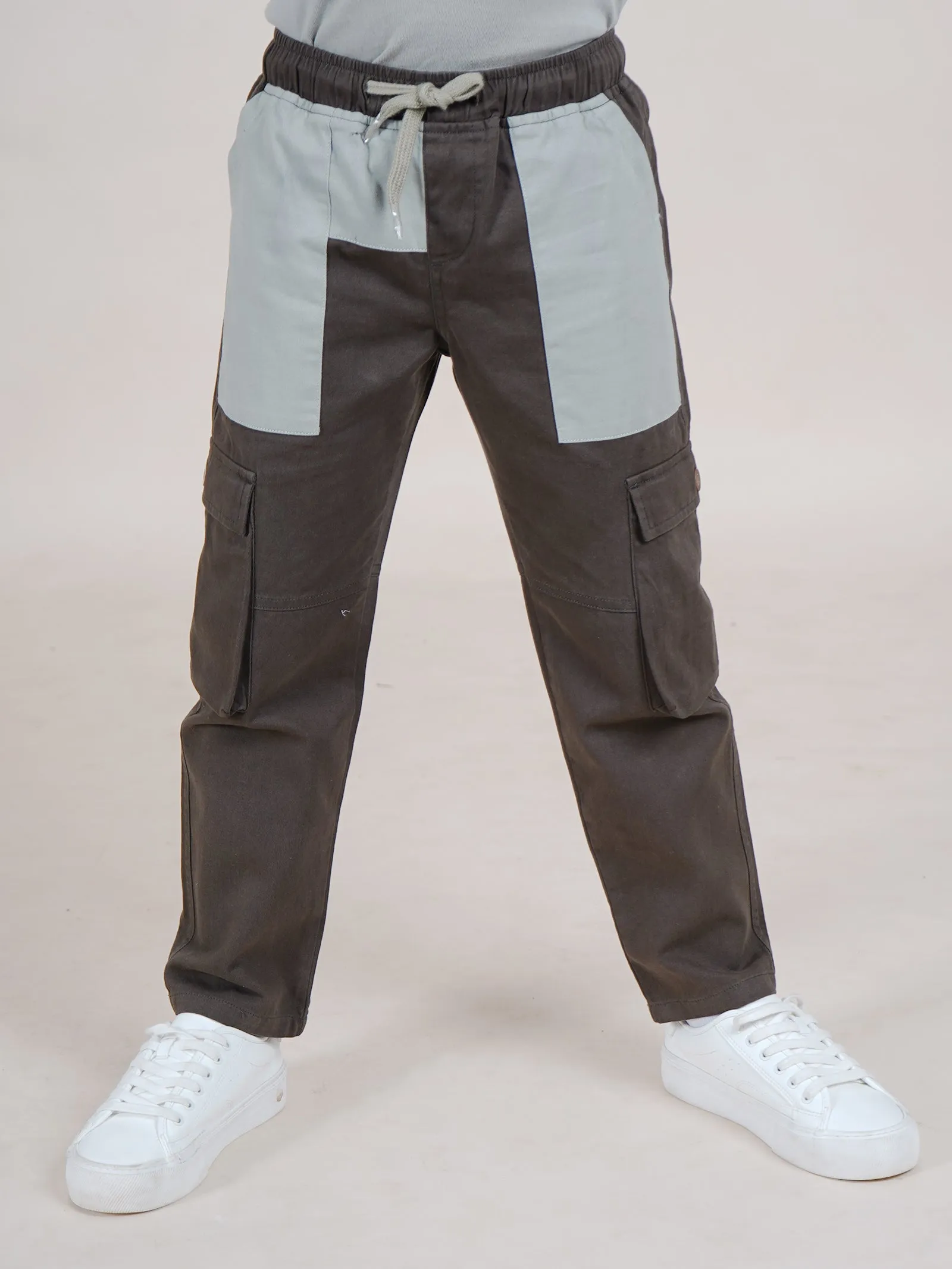 Boys Cotton Full Length Contrast Patch Pocket Cargo Pant With Elasticated Drawstring