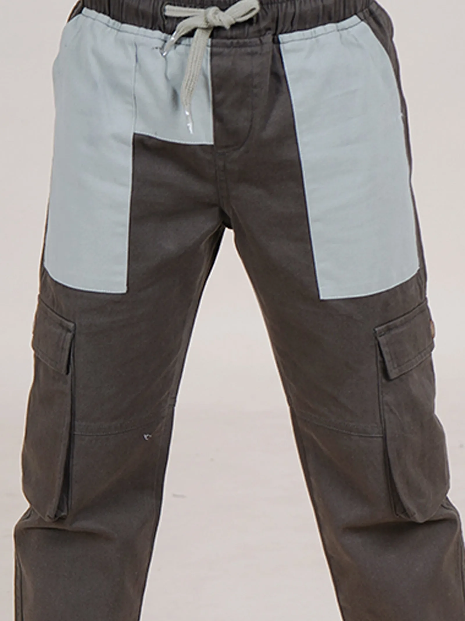 Boys Cotton Full Length Contrast Patch Pocket Cargo Pant With Elasticated Drawstring