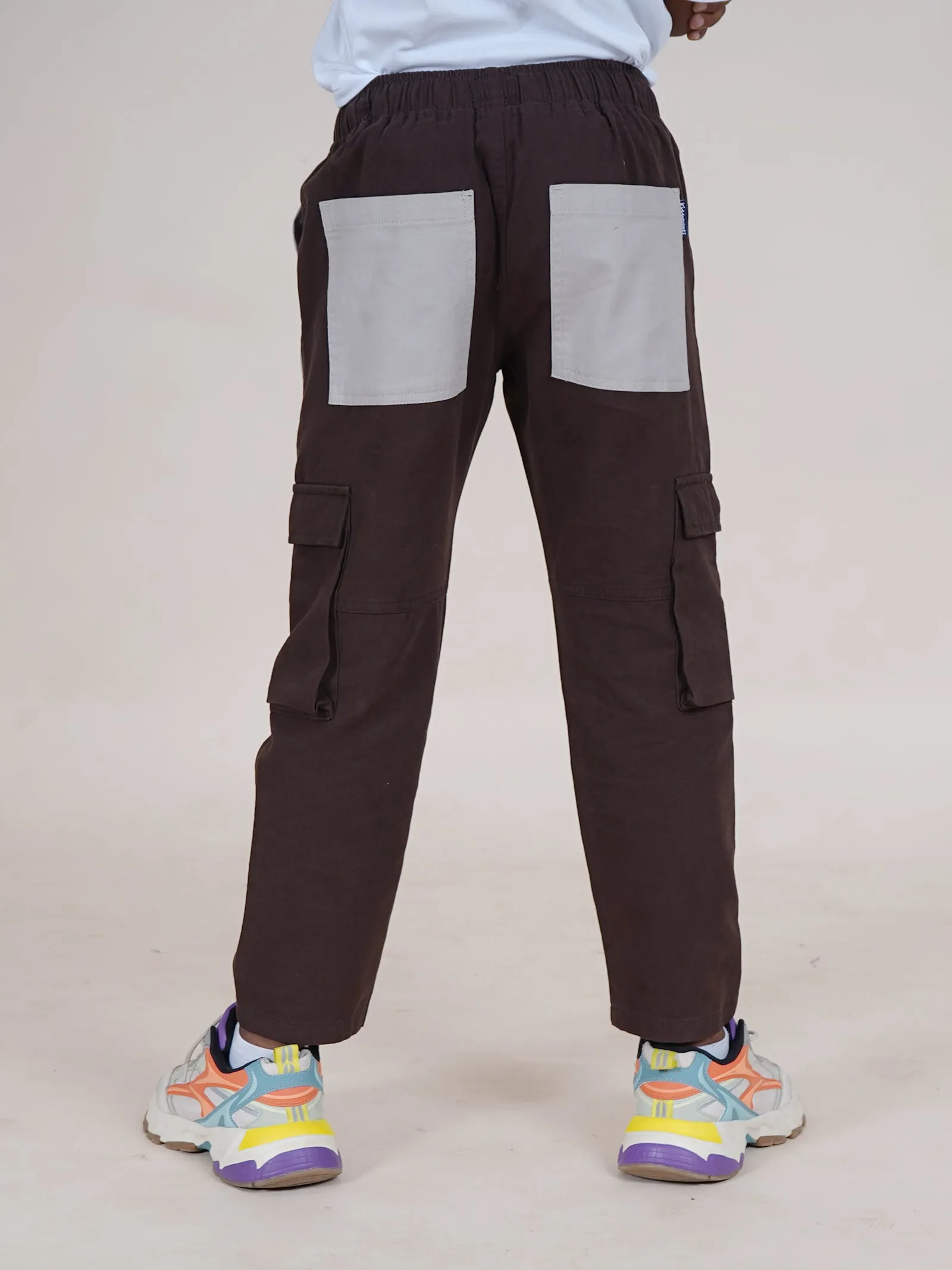 Boys Cotton Full Length Contrast Patch Pocket Cargo Pant With Elasticated Drawstring