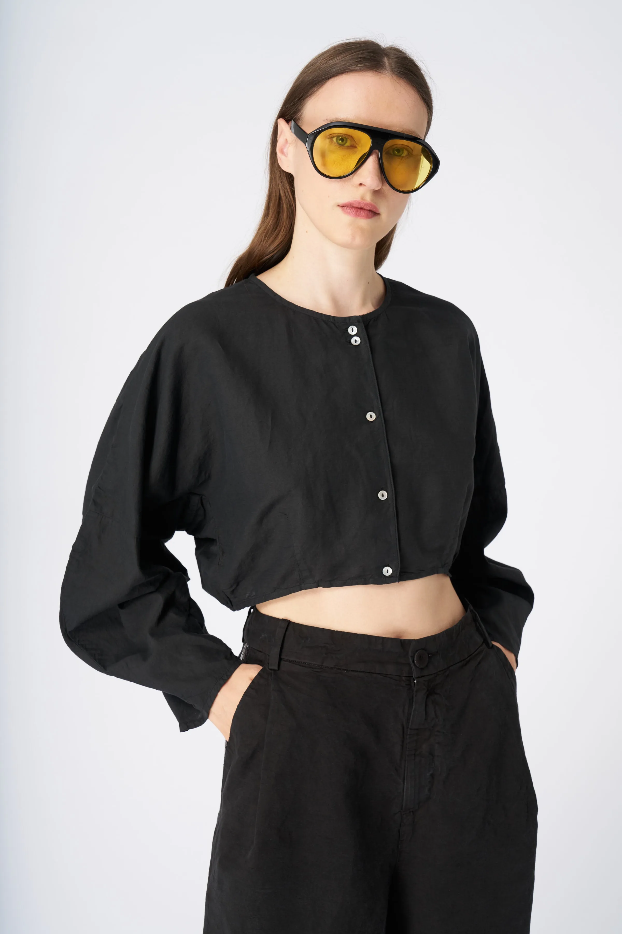 Cropped Button-Down Linen Shirt