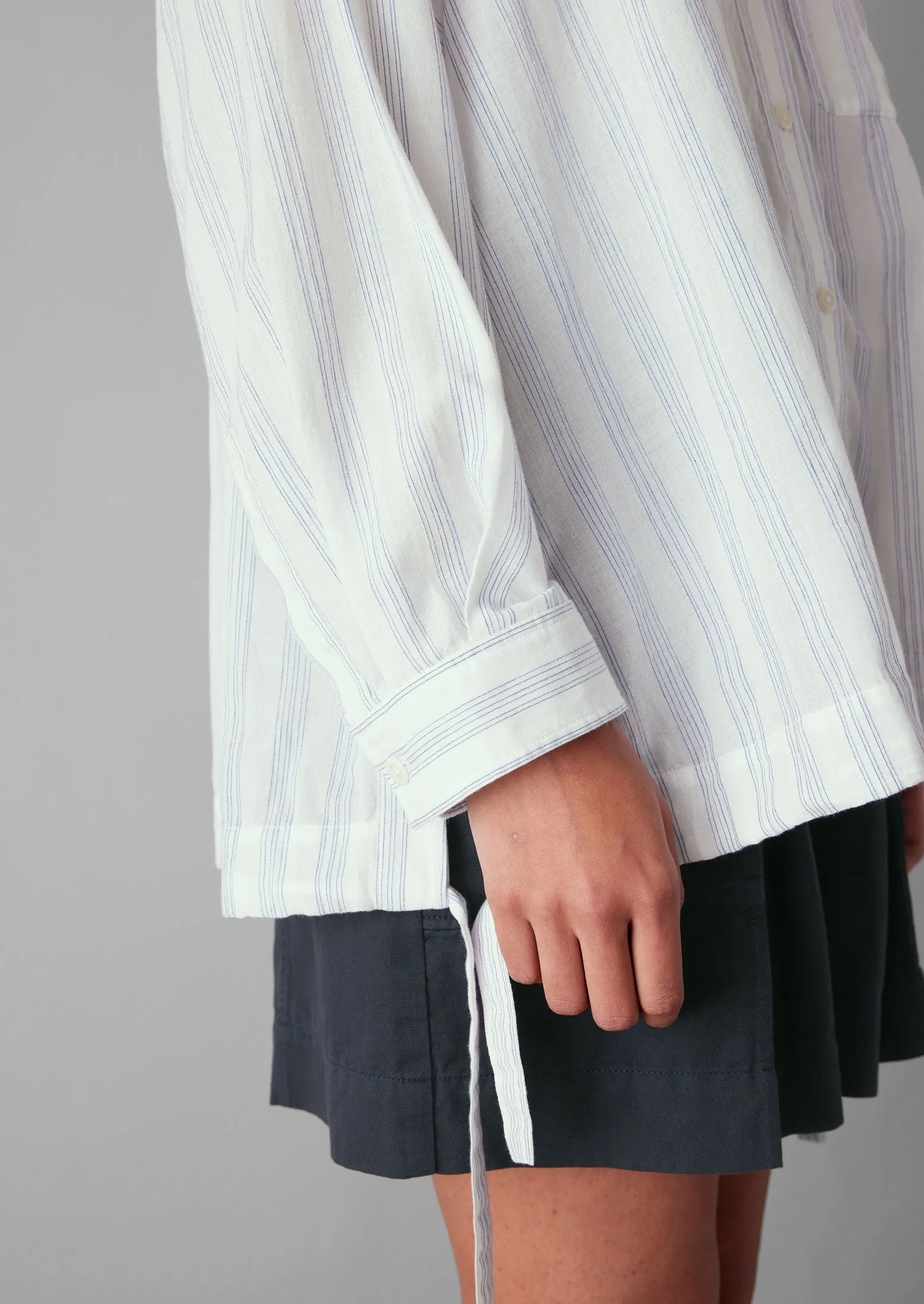 Drawstring Hem Stripe Cotton Shirt | Delft Blue/Off White