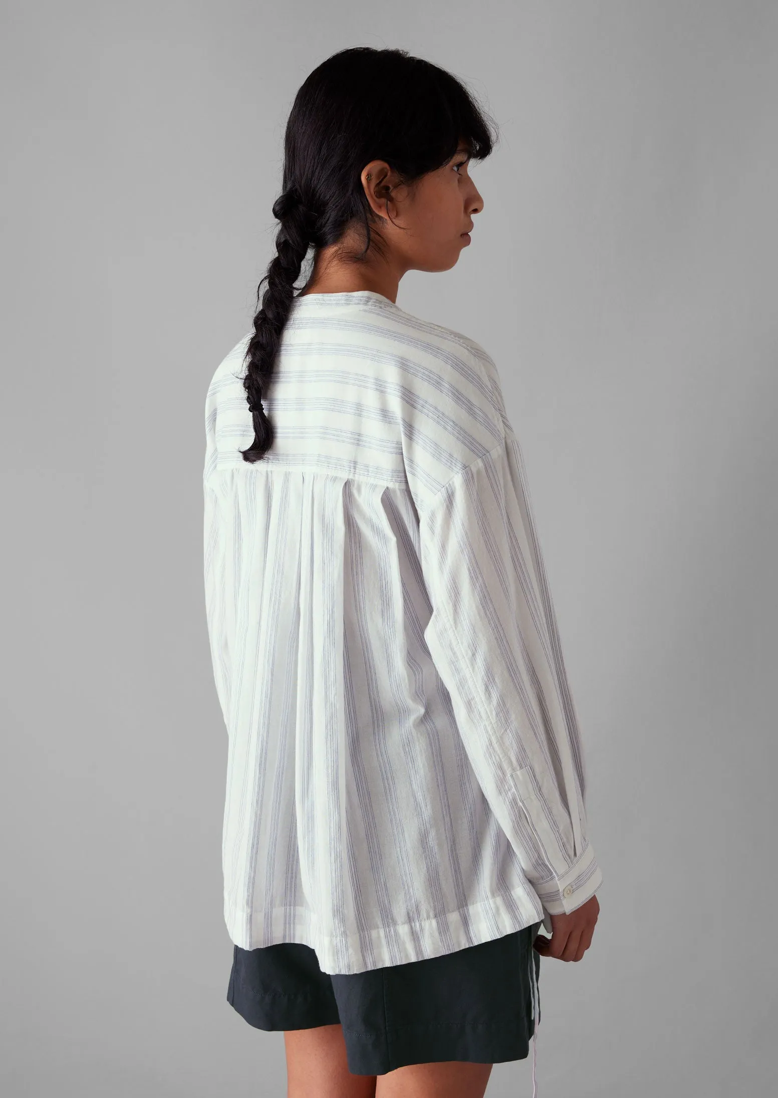 Drawstring Hem Stripe Cotton Shirt | Delft Blue/Off White