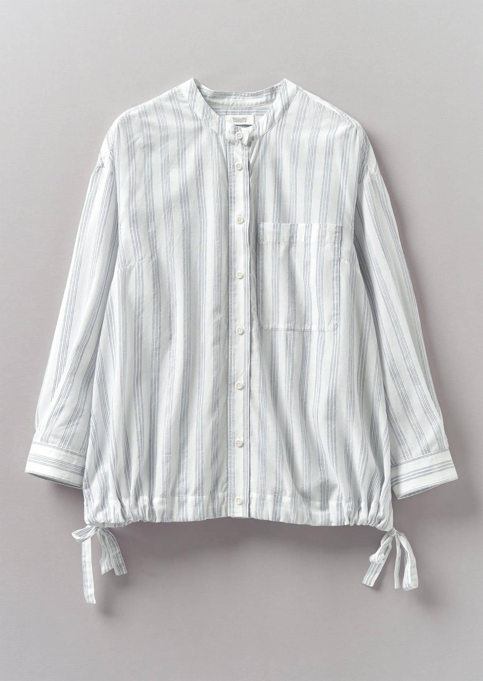 Drawstring Hem Stripe Cotton Shirt | Delft Blue/Off White