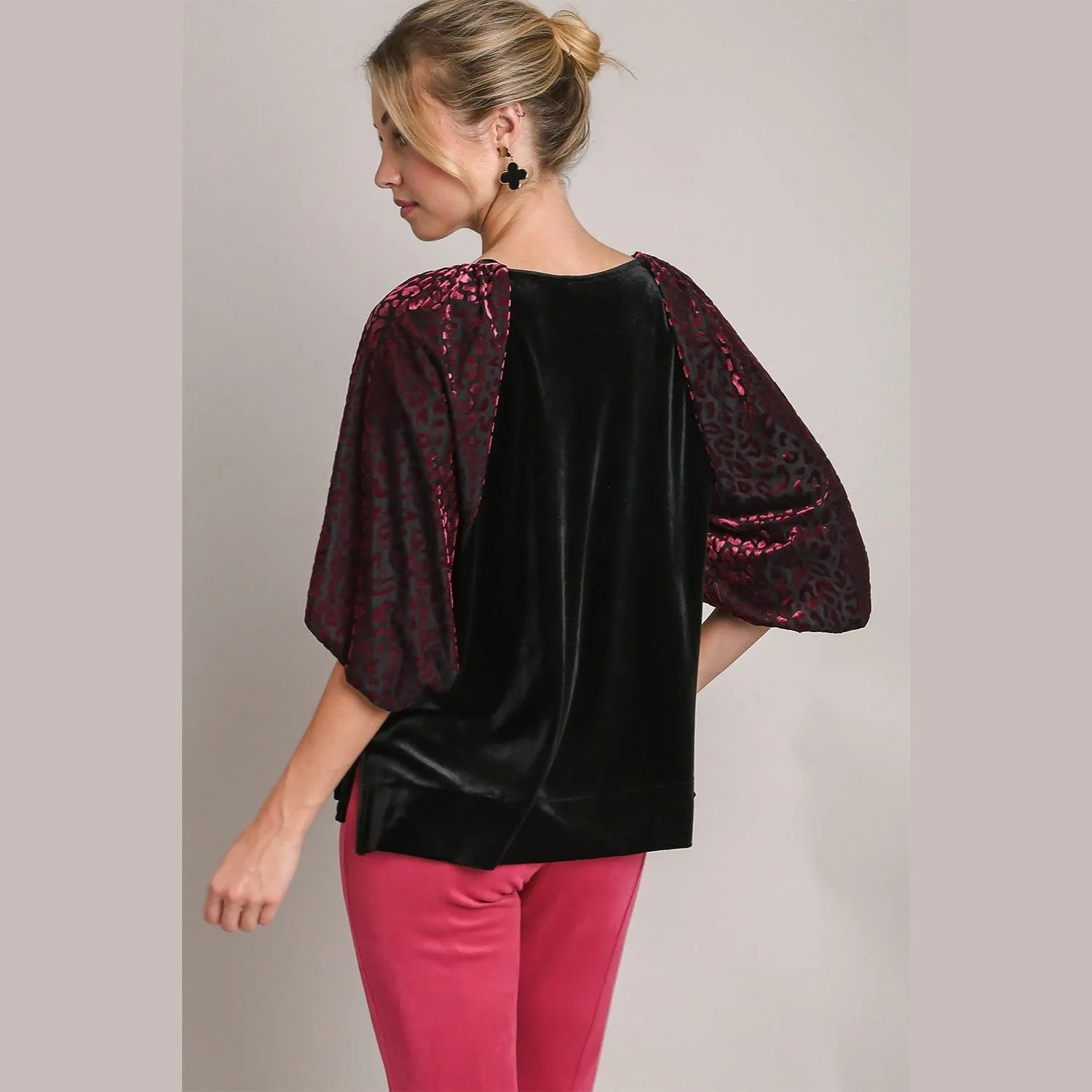 Eclipse Leopard Sleeve Velvet Top