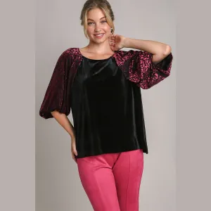 Eclipse Leopard Sleeve Velvet Top