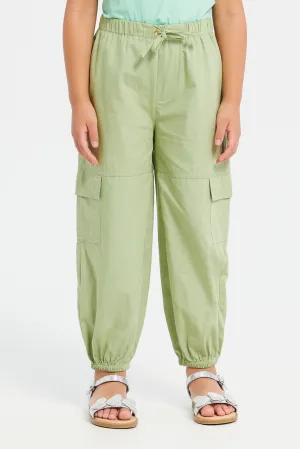 Girls Green Plain Cargo Fit Trouser