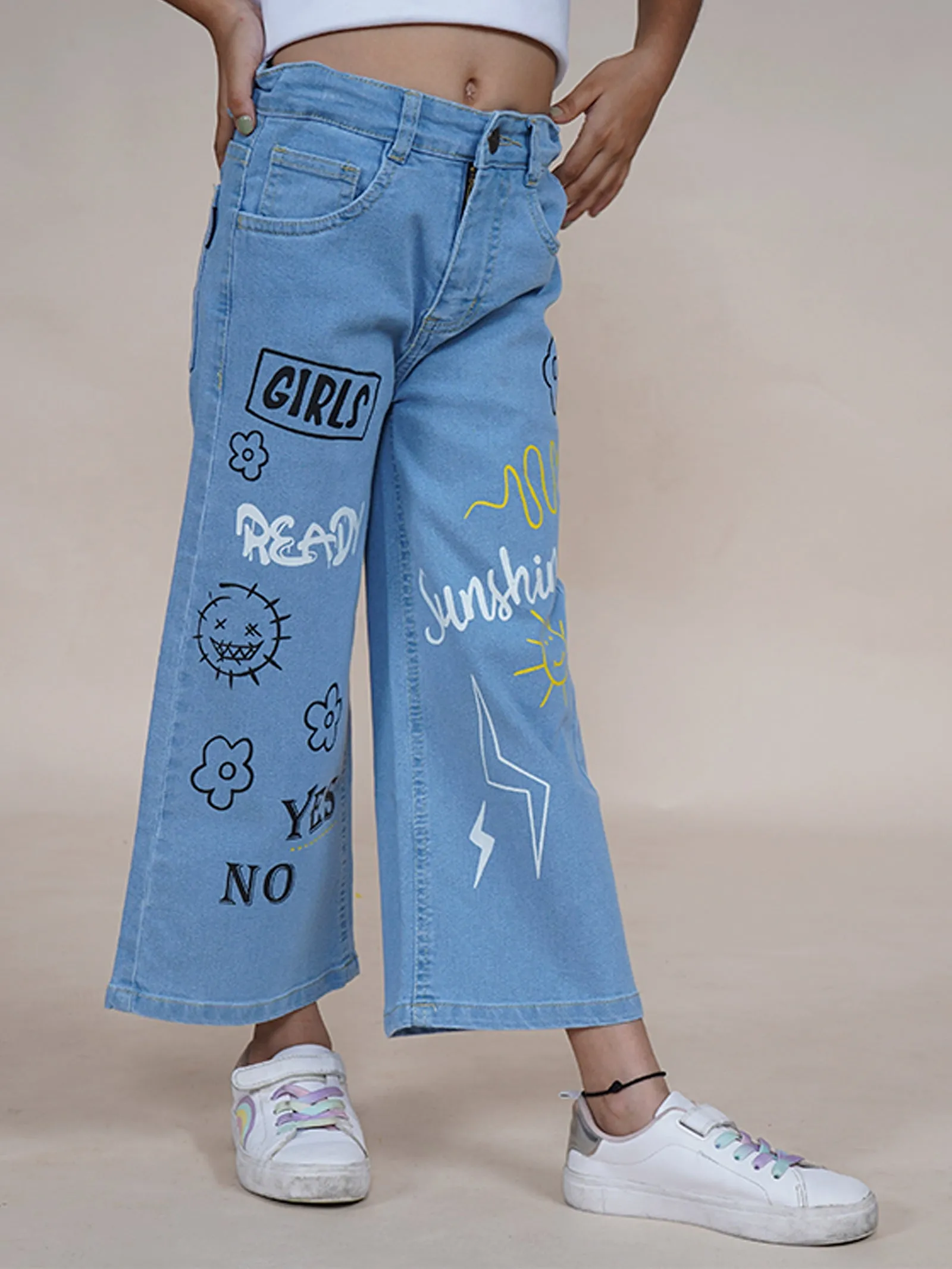 Girls Text Printed Flared Jeans