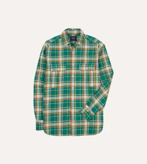 Green and Yellow Check Slub Brushed Cotton Two-Pocket Work Shirt