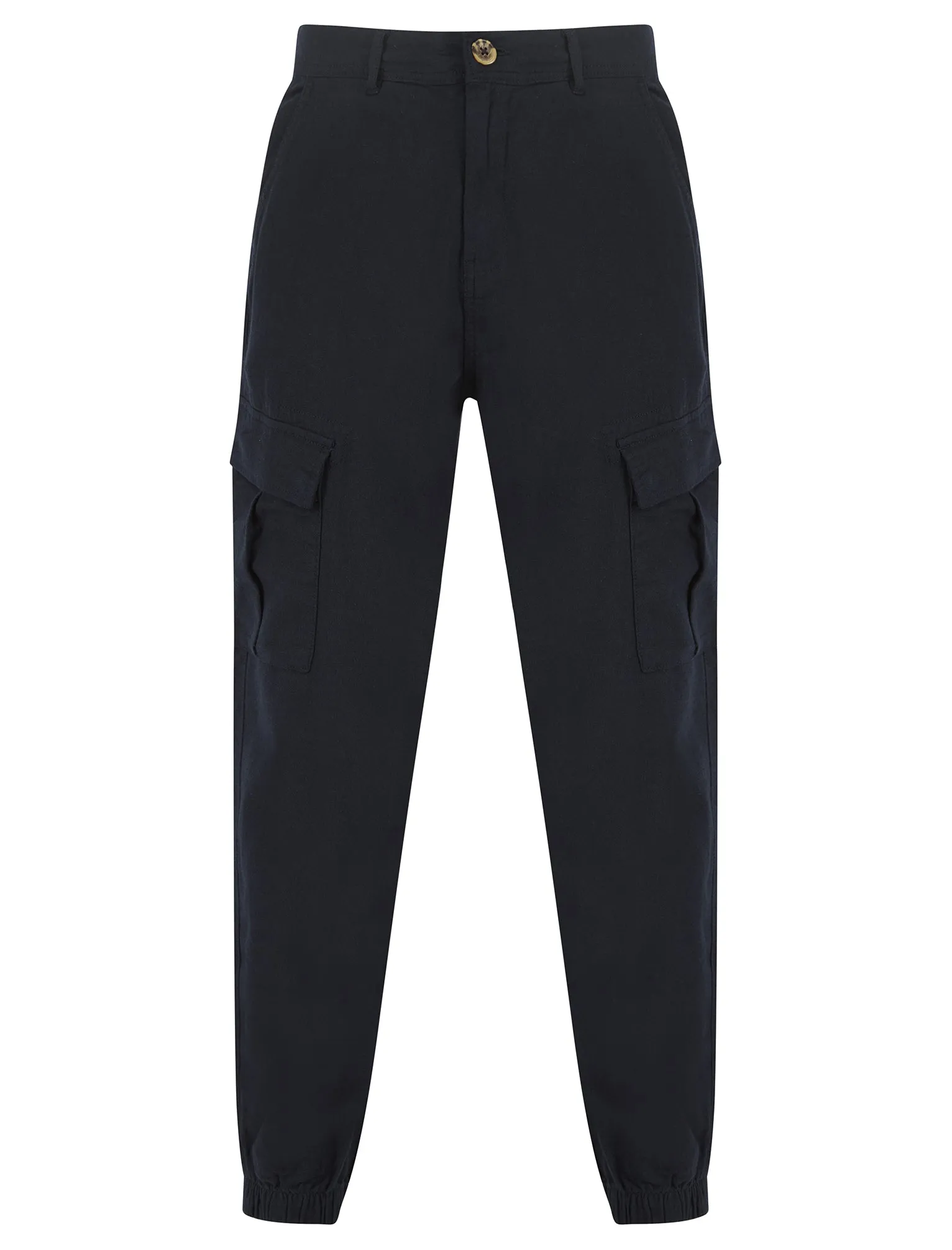 Idas Linen Cotton Comfort Fit Elasticated Waist Cargo Trousers in Sky Captain Navy - Tokyo Laundry