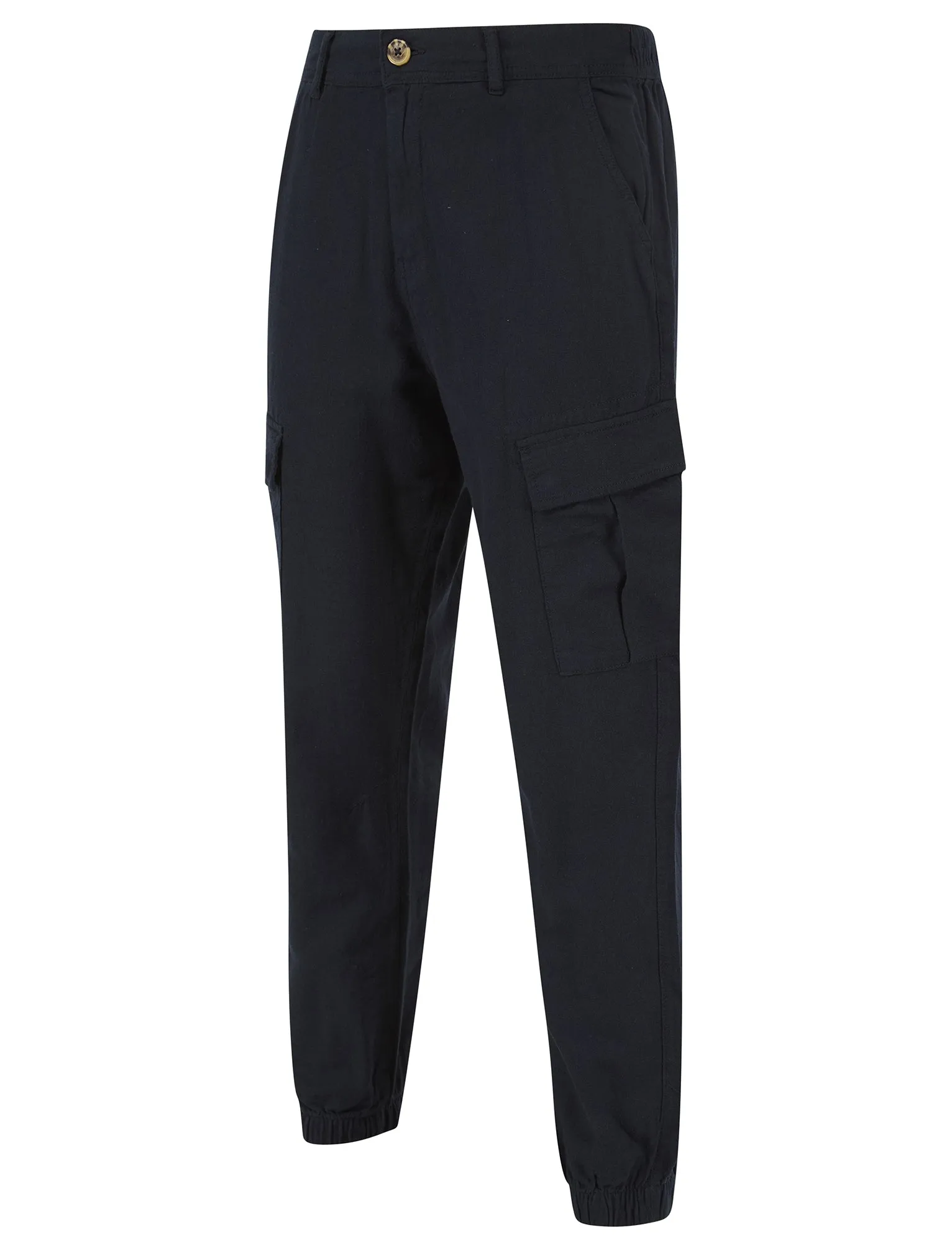 Idas Linen Cotton Comfort Fit Elasticated Waist Cargo Trousers in Sky Captain Navy - Tokyo Laundry