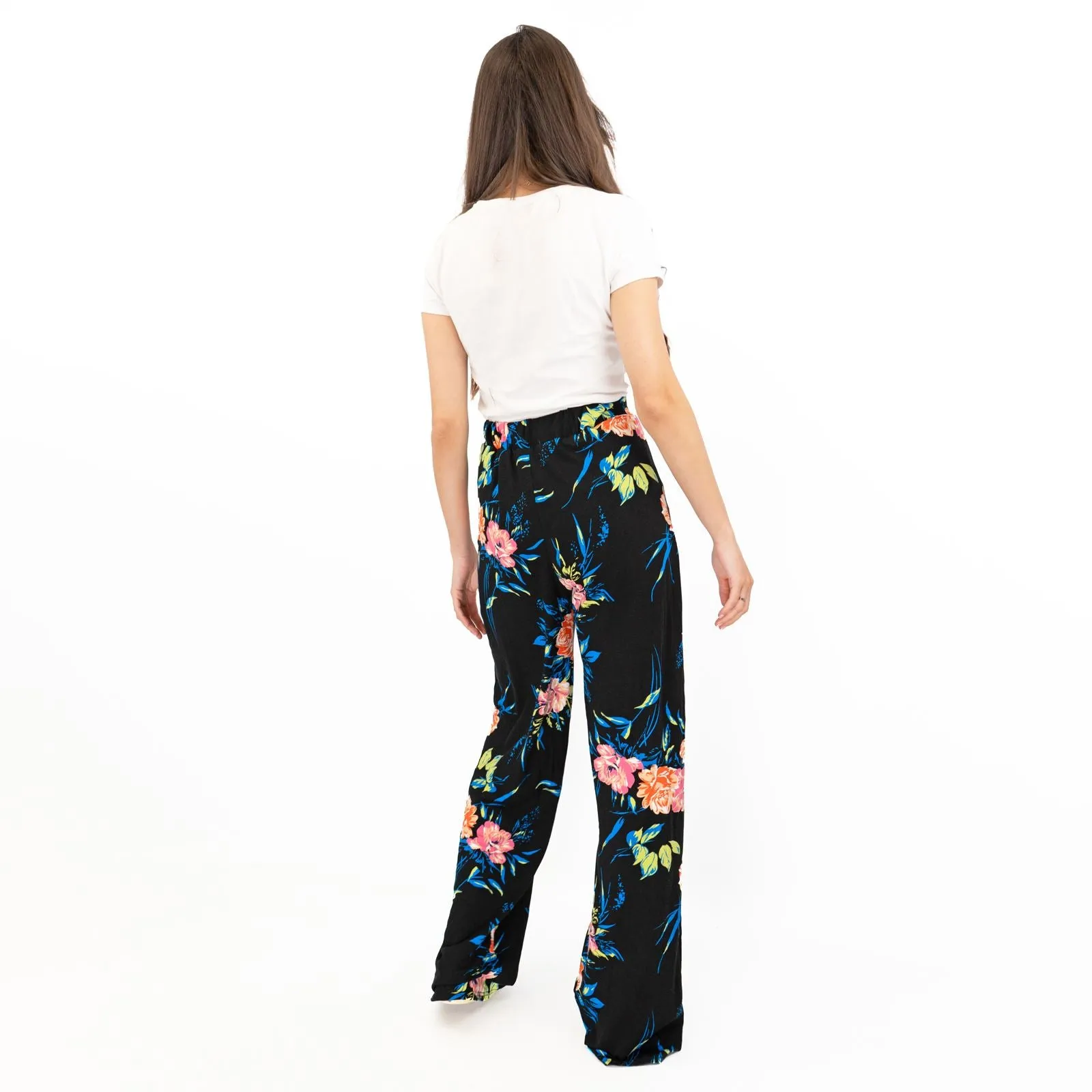 Karen Millen Black Floral Print Relaxed Fit Full Length Wide Leg Trousers