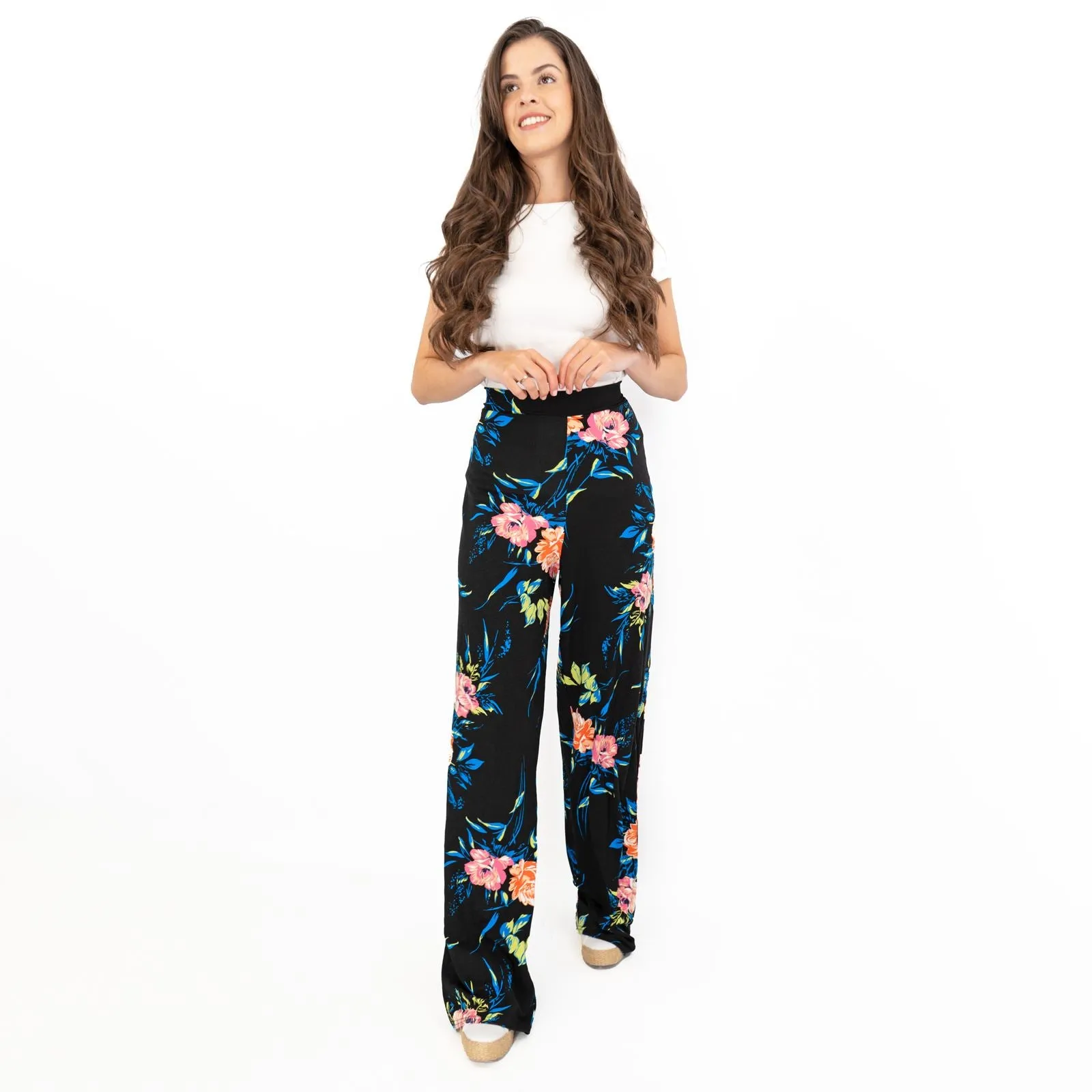 Karen Millen Black Floral Print Relaxed Fit Full Length Wide Leg Trousers