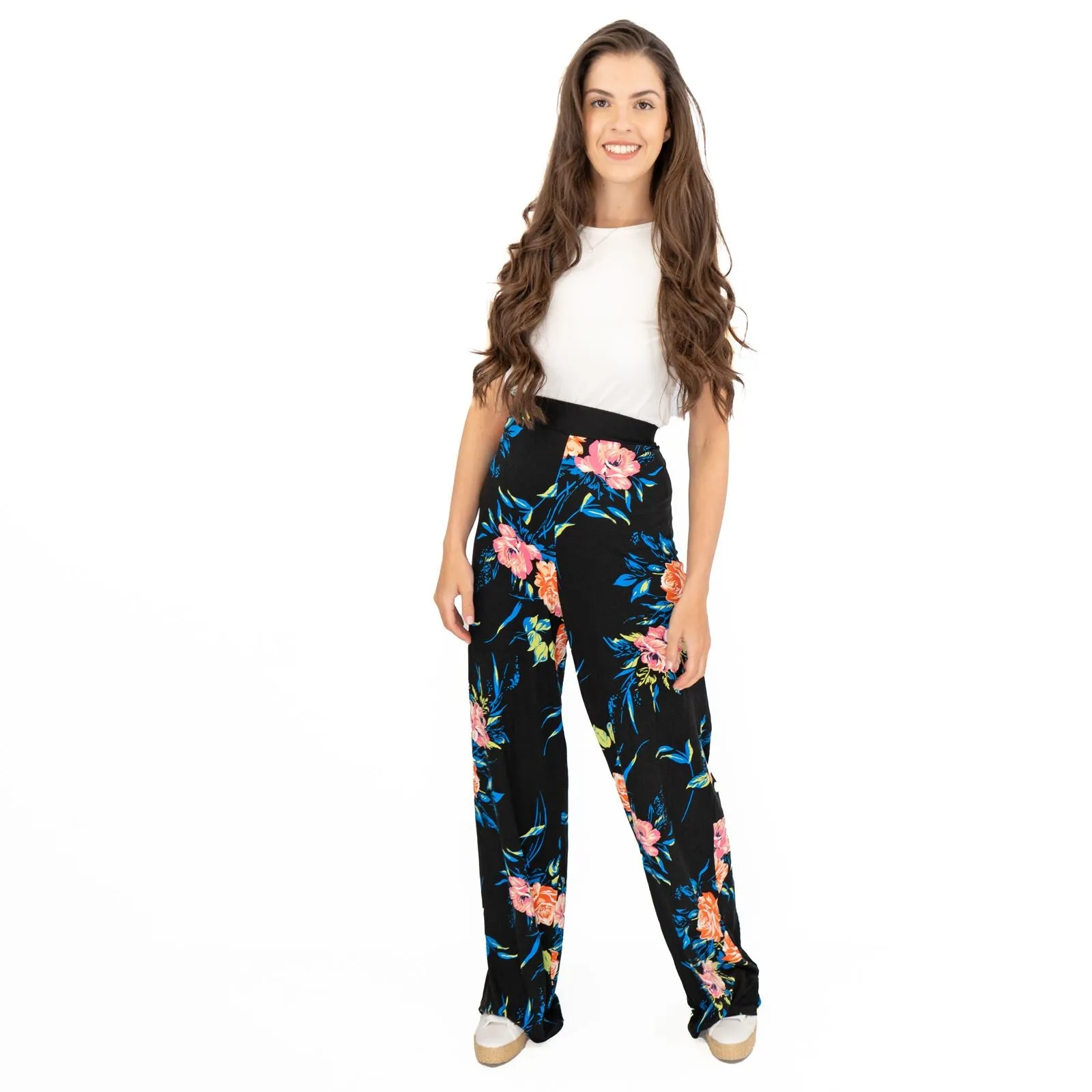 Karen Millen Black Floral Print Relaxed Fit Full Length Wide Leg Trousers