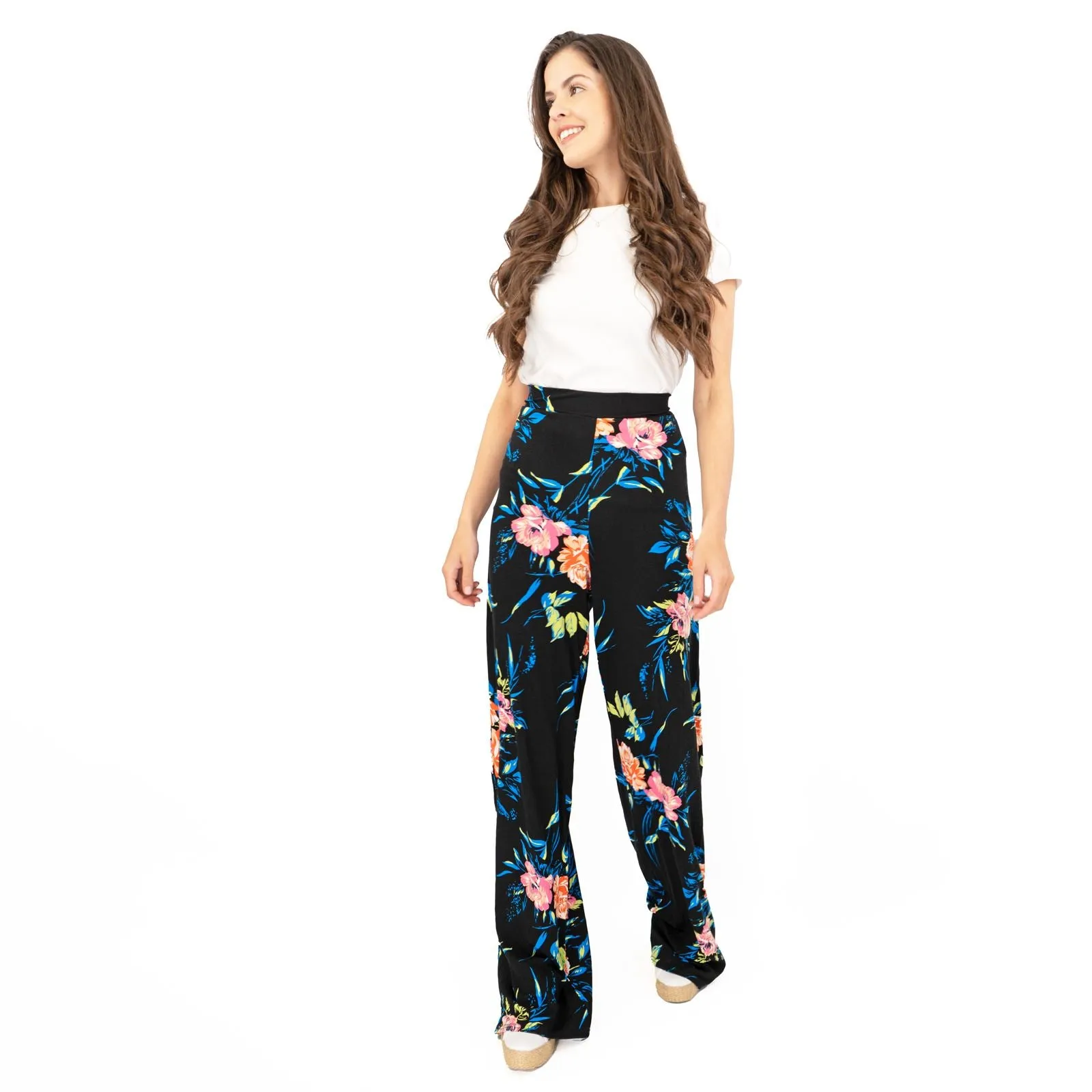 Karen Millen Black Floral Print Relaxed Fit Full Length Wide Leg Trousers