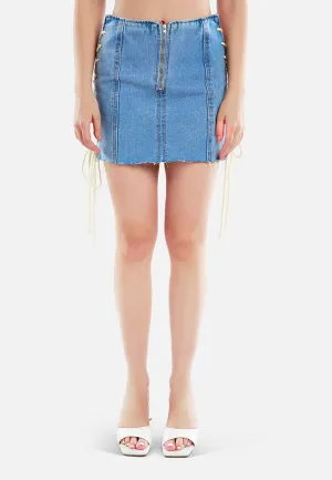 Lace Up Seam Denim Mini Skirt