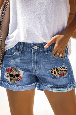 Leopard Skull Floral Print Roll Up Distressed Denim Shorts