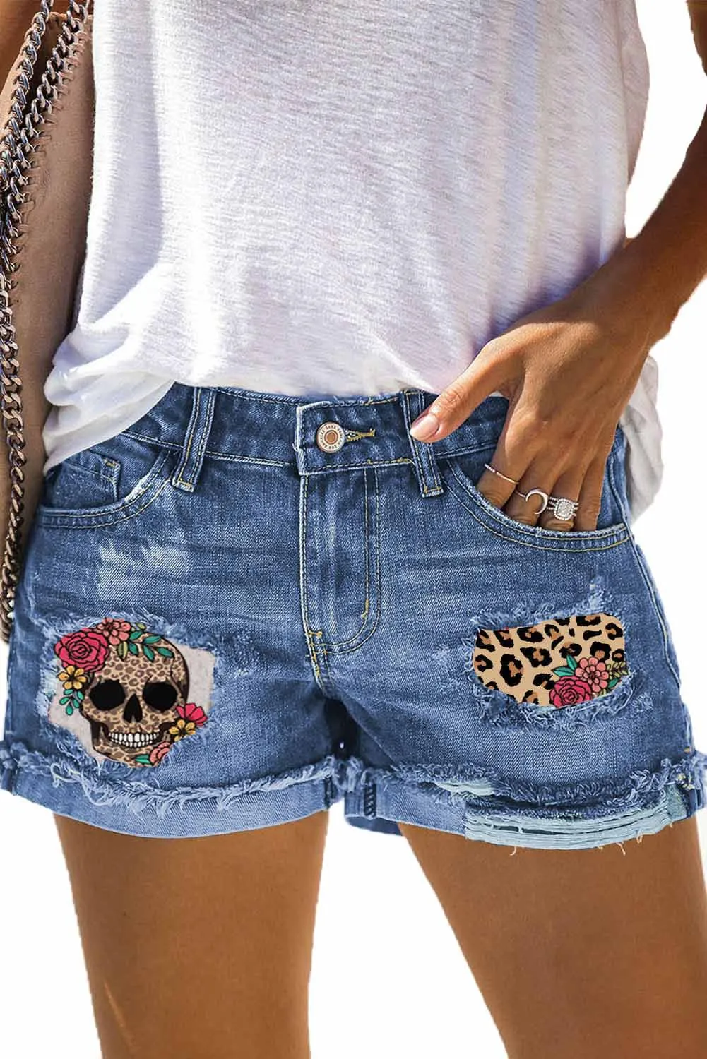 Leopard Skull Floral Print Roll Up Distressed Denim Shorts