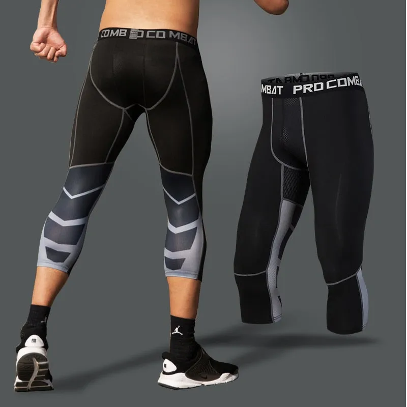 Men's Running Sport Tights Pants Basketball Cropped Compression Leggings Gym Fitness Sportswear for Male Athletic Trousers