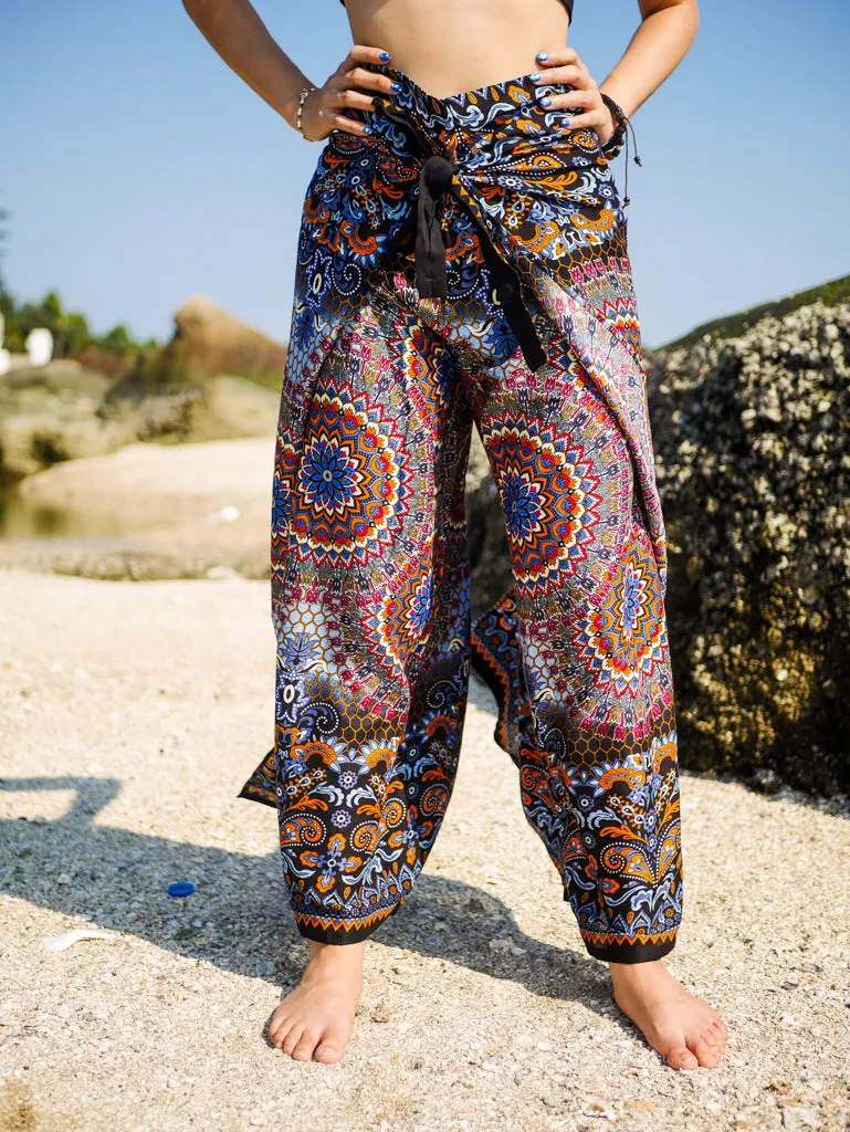 Orange and Blue Paisley Mandala Palazzo Wrap Pants