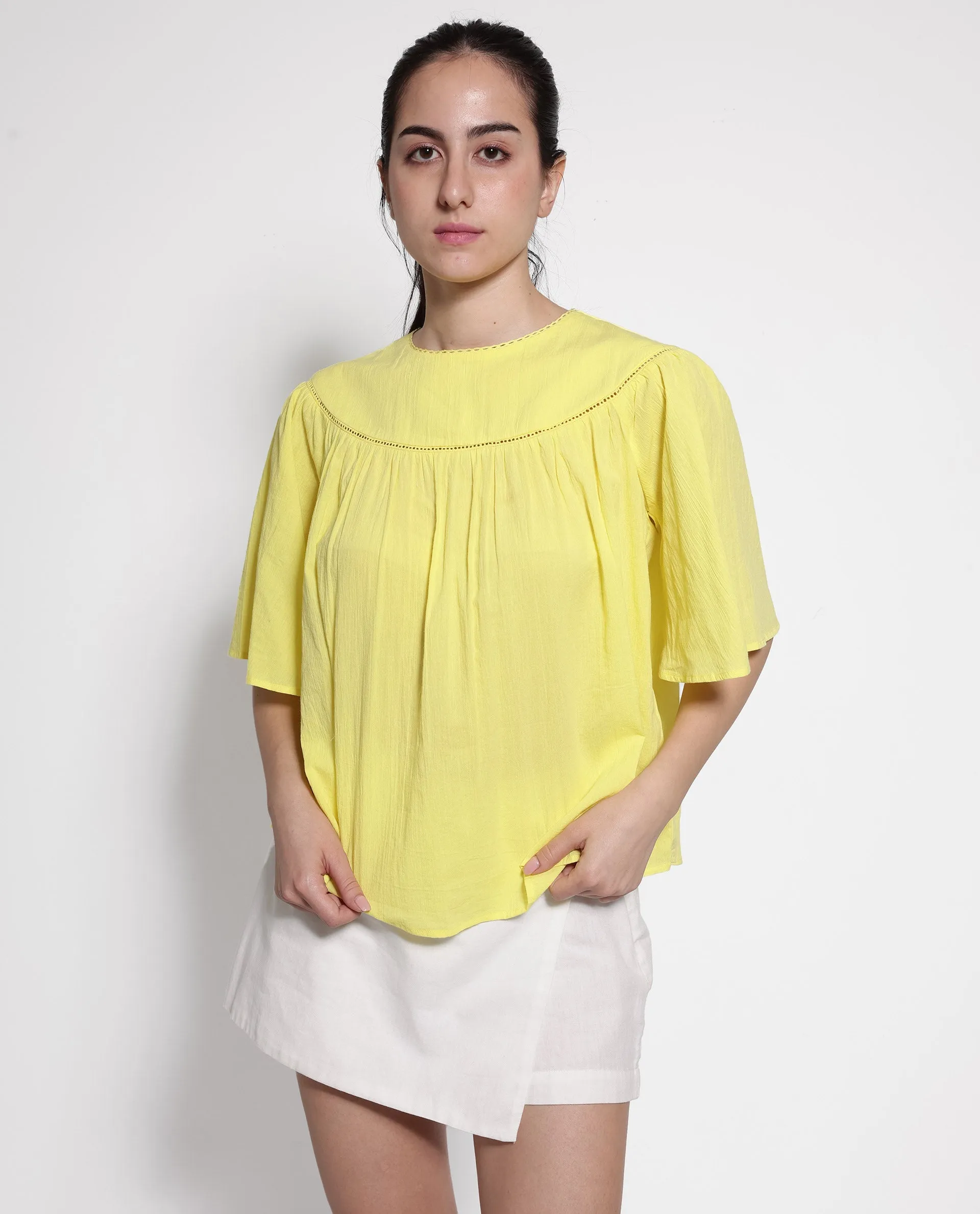 Rareism Women Tonala Yellow Button Closure Raglan Sleeves Crew Neck Relaxed Fit Plain Top