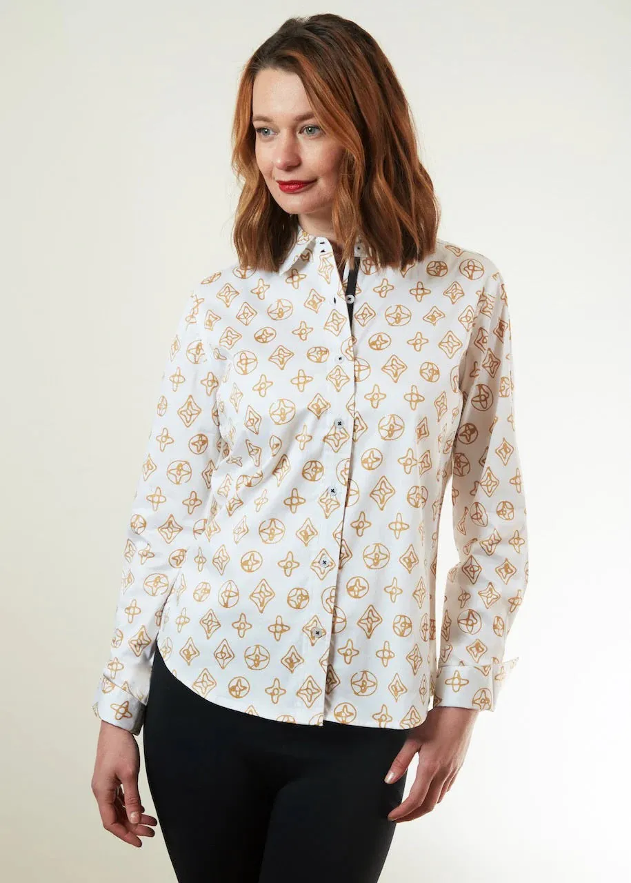 Rome Long Sleeve Shirt - White With Geometric Print