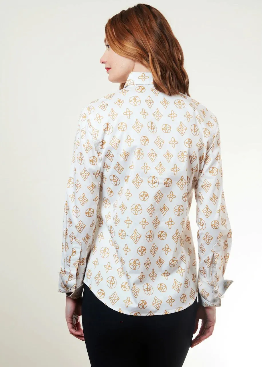 Rome Long Sleeve Shirt - White With Geometric Print