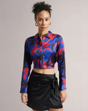 Royal Blue Button Down Crop Print Shirt  - By Janasya