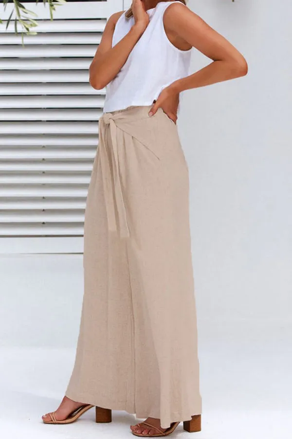 Spring and summer cotton and linen design sense strap loose wide-leg casual trousers