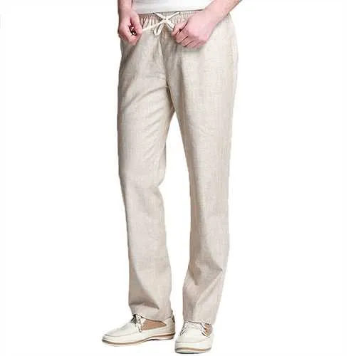 Summer Men's Linen Soft Breathable Pants Casual Solid Color Loose Drawstring Trousers