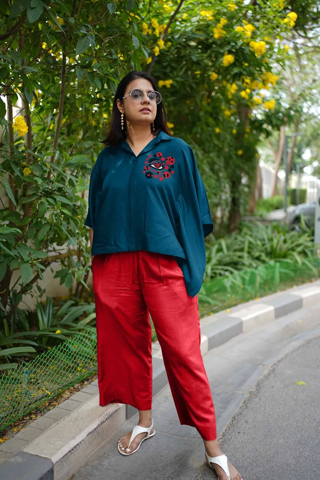 Teal Rayon KaftanTop & Red Palazzo - Insight