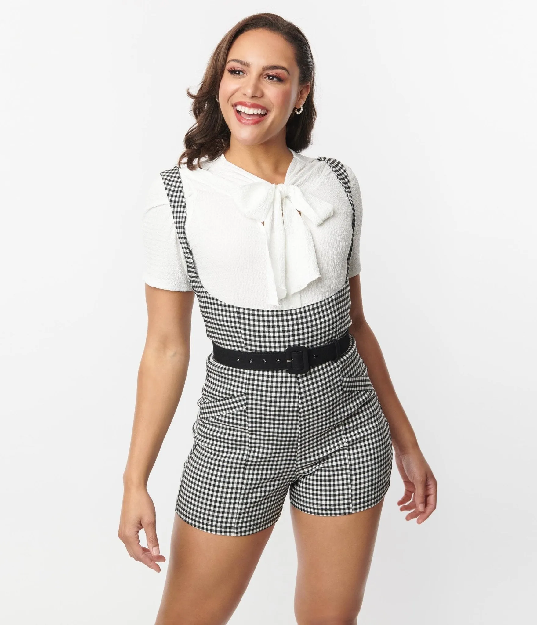 Unique Vintage Black & White Gingham Suspender Shorts