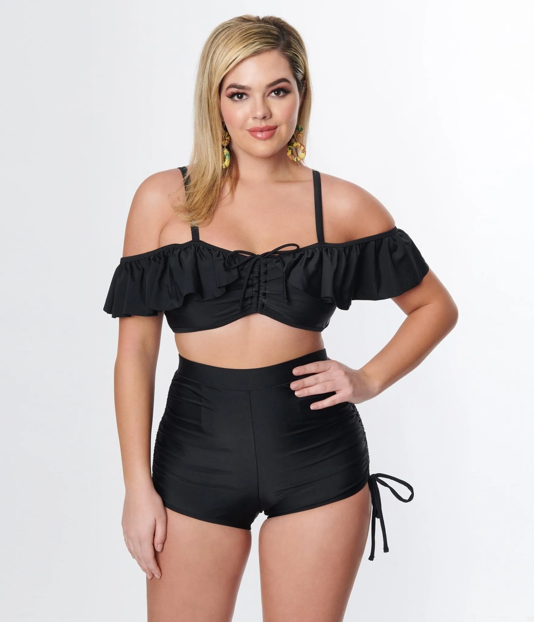 Unique Vintage Black Pull Tie Swim Shorts