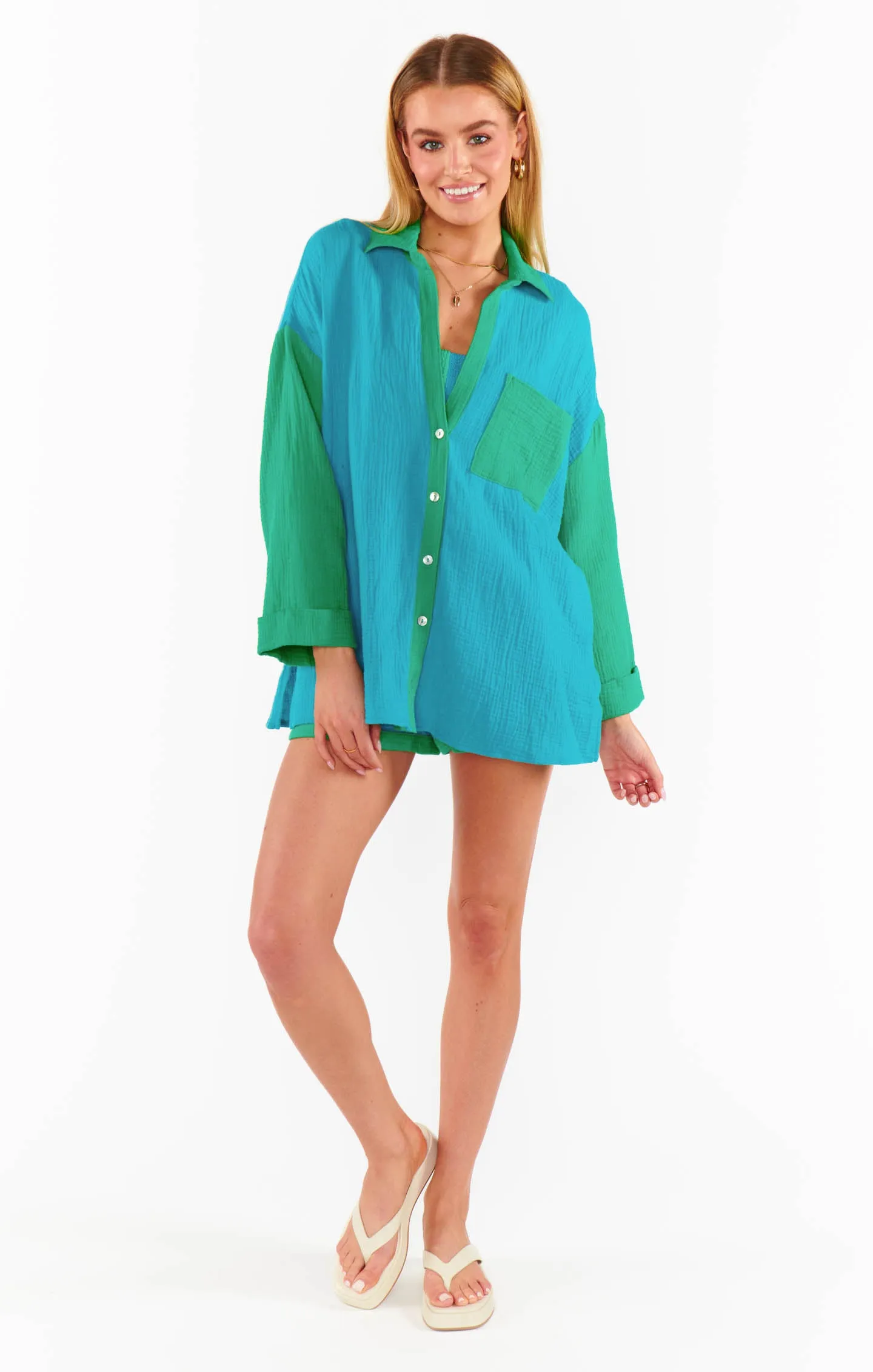 Weekday Button Up ~ Sea Colorblock Gauze