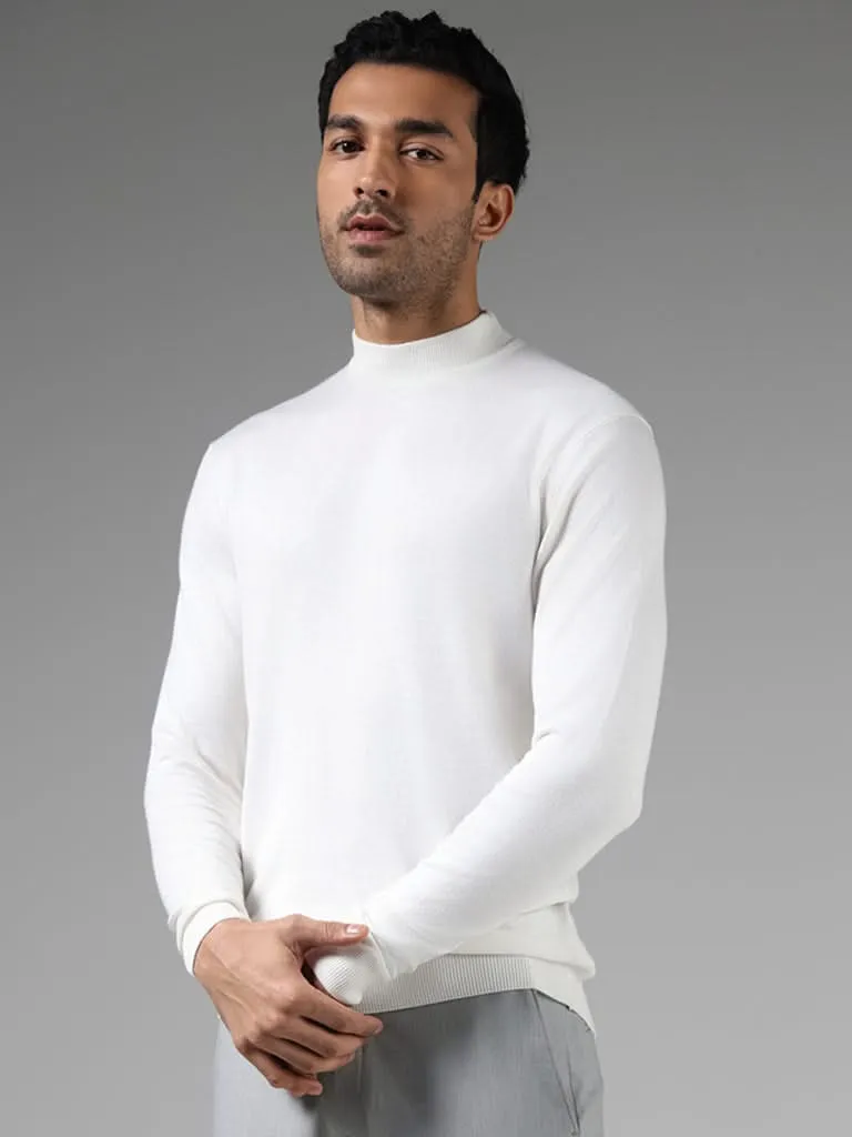 WES Formals Solid Off White Slim-Fit High Neck Sweater