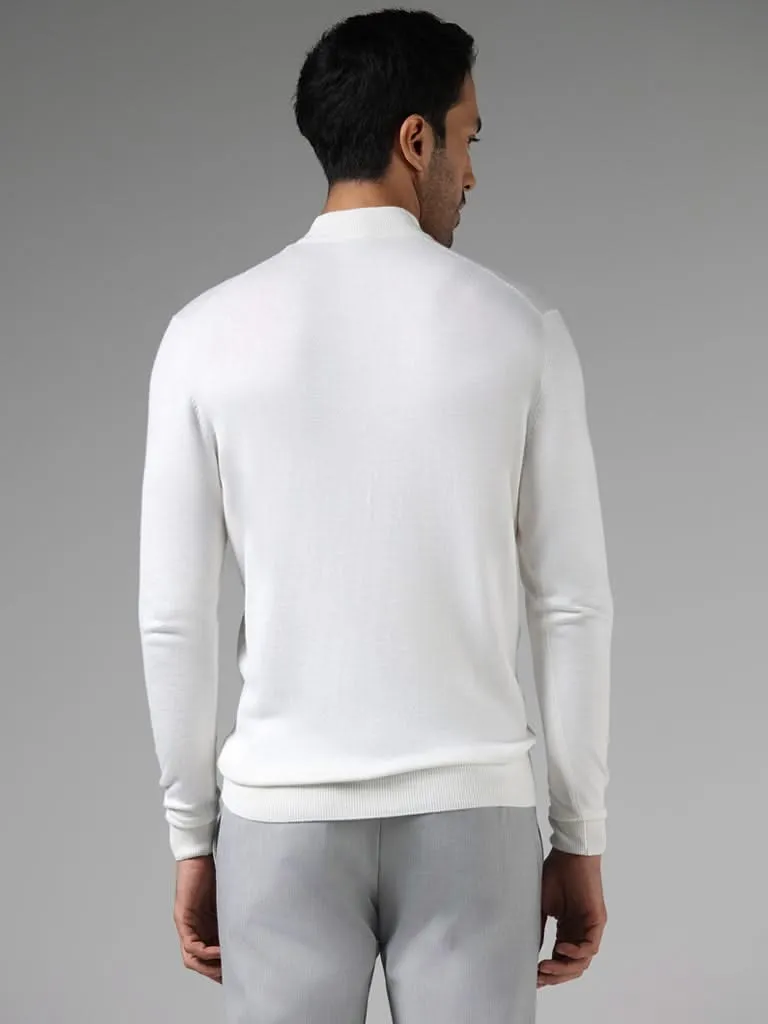 WES Formals Solid Off White Slim-Fit High Neck Sweater