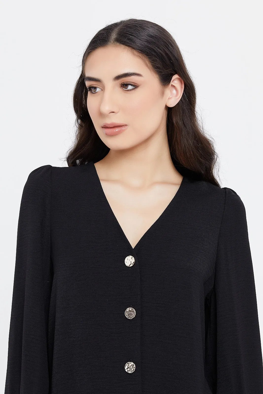 Women Black Puff Sleeve Blouse With Gold Buttons