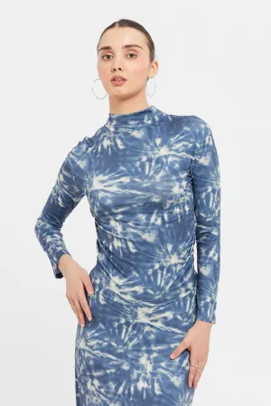 Women Blue Printed Side Ruched Top