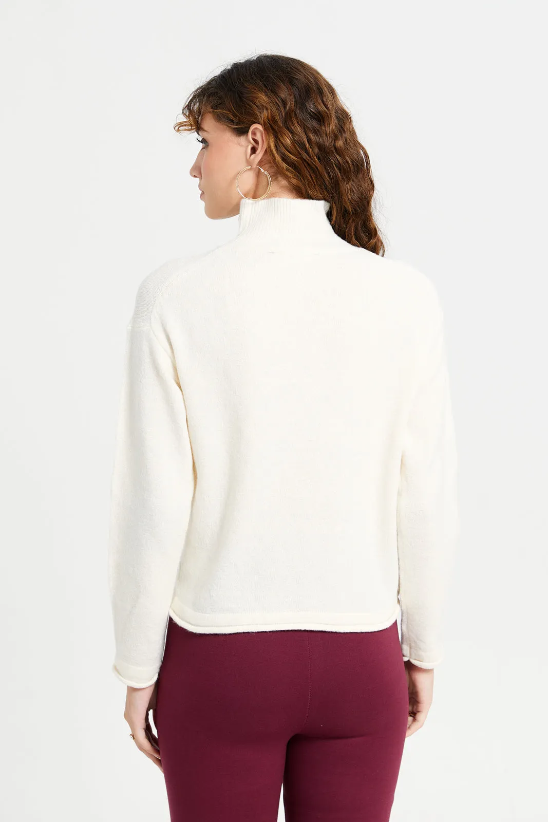 Women Ivory High Neck Pullover