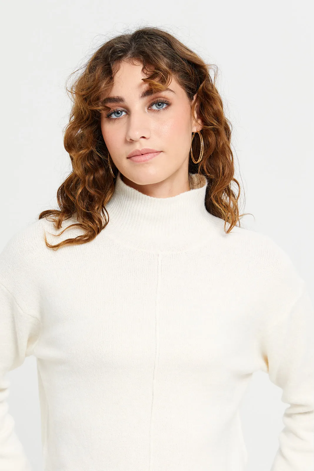 Women Ivory High Neck Pullover