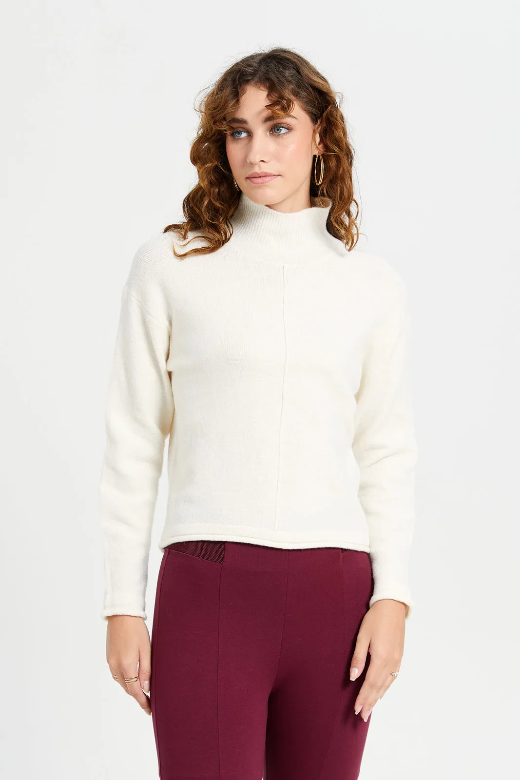 Women Ivory High Neck Pullover