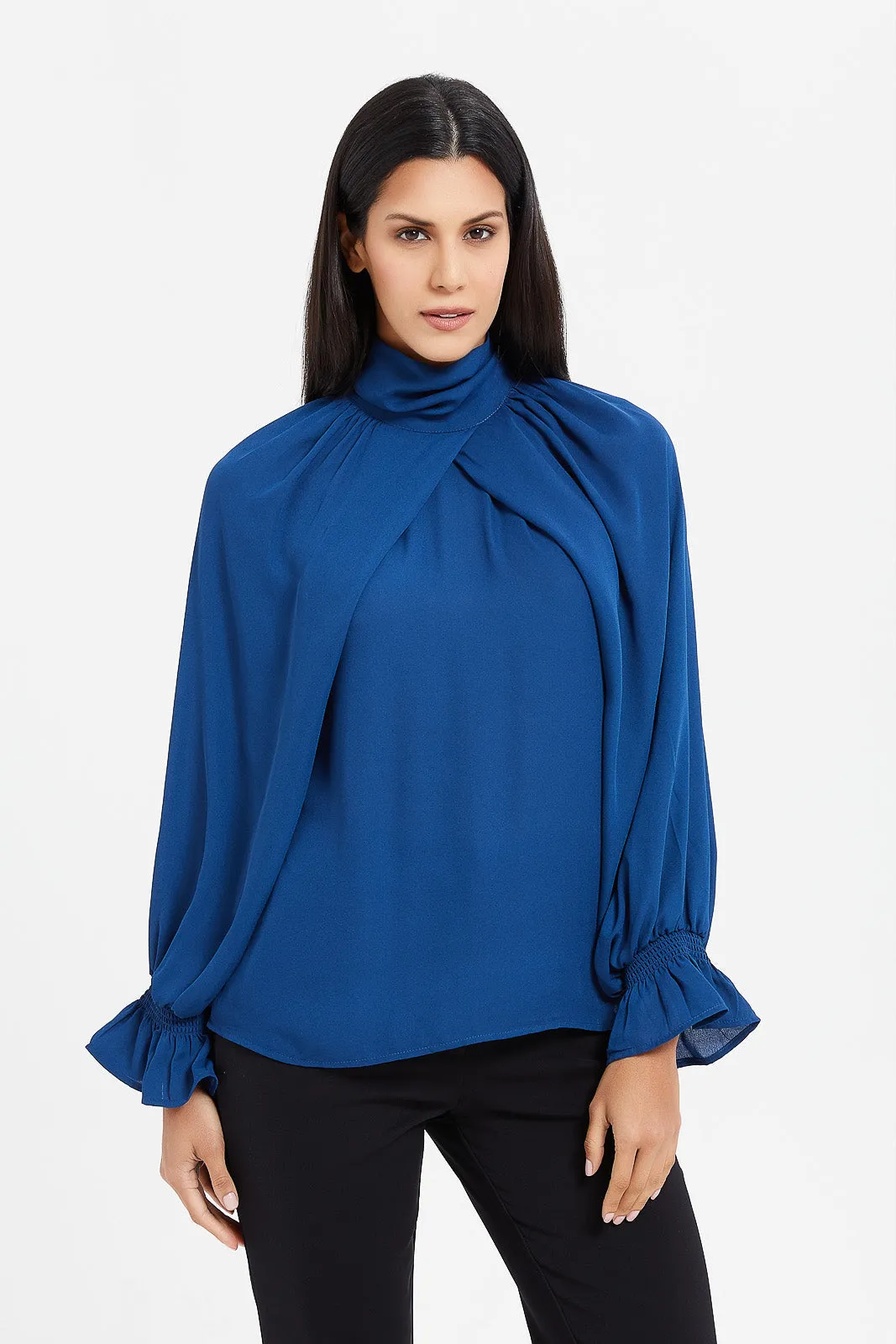 Women Navy High Neck Front Overlap Blouse