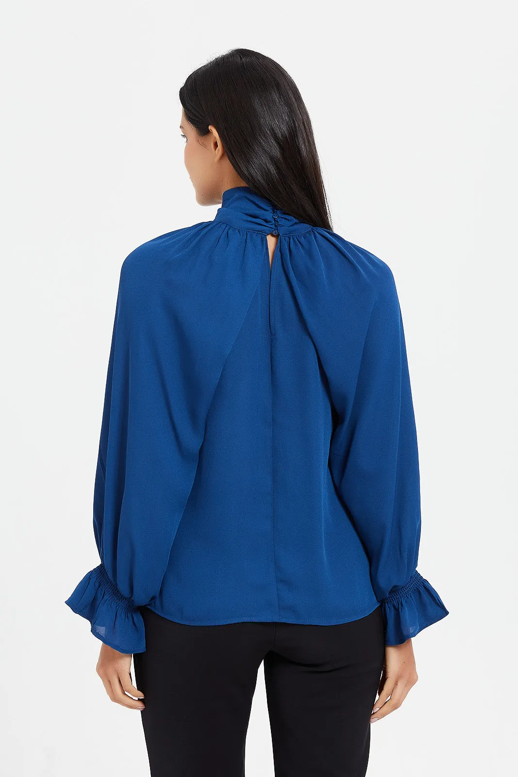 Women Navy High Neck Front Overlap Blouse