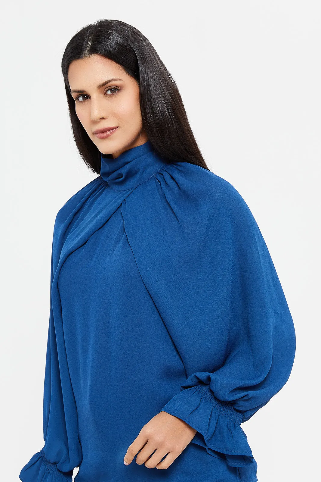 Women Navy High Neck Front Overlap Blouse